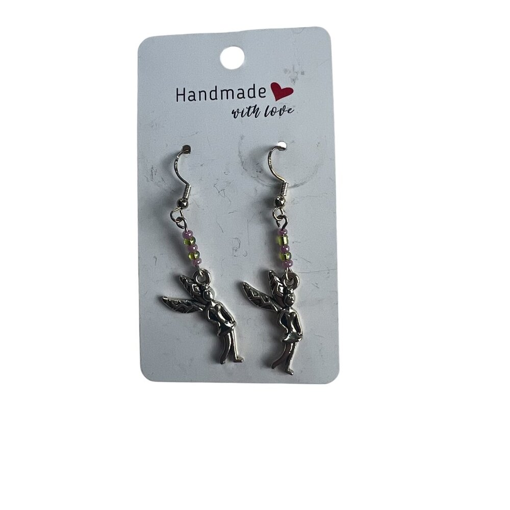 Silver Fairies w/Pink & Green Beads Dangling Earrings